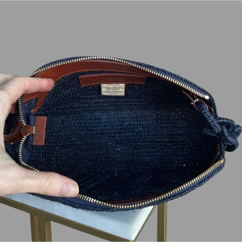 SEZANE Navy Blue Woven Braided Raffia Shoulder Bag Chain Link Strap Isabelle Bag - Picture 12 of 14